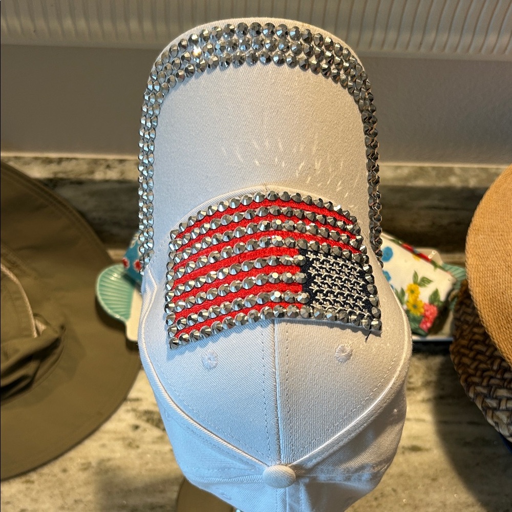 4th of July White Baseball Cap with Patriotic Bling